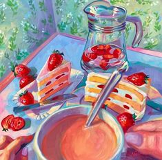 a painting of cake and strawberries on a table