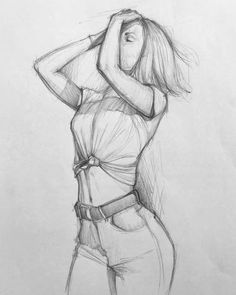 a pencil drawing of a woman with her hands on her head and arms behind her back