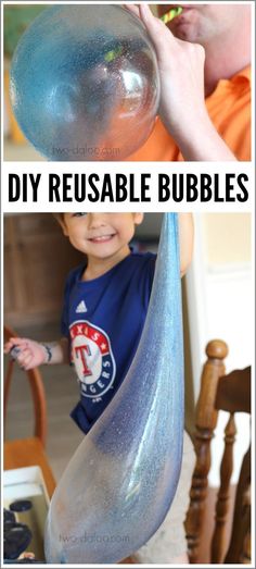 a boy is playing with bubbles in his house and the words diy reusable bubble