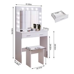 a white vanity with lights on it next to a mirror and stool in the measurements