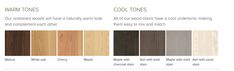 the color chart for wood tones is shown in several different colors and sizes, including warm tones