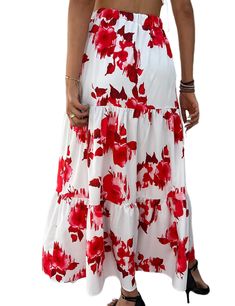 Red Digital Floral Print Sweet Midi Skirt Red Flared Skirt For Summer, Red Relaxed Skirt For Summer, Red Relaxed Fit Skirt For Summer, Red Skirted Bottoms For Spring, Red Skirted Bottoms For Summer, Chic Red Summer Skirt, Summer Flowy Red Maxi Skirt, Red Flowy Maxi Skirt For Summer, Flowy Red Maxi Skirt For Summer