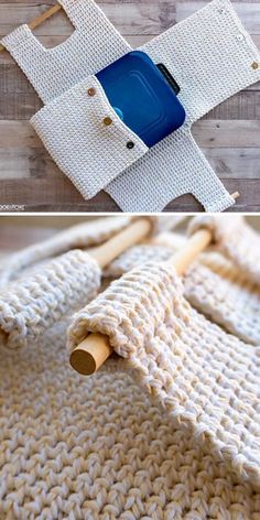 two pictures showing how to make a crocheted rug with yarn and wood dows