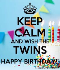 a birthday cake with candles and confetti on it that says keep calm and wish the twins happy birthday