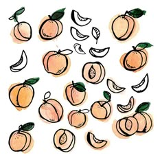 an illustration of peaches with leaves and slices cut out to make them look like they are