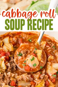 cabbage roll soup in a white bowl with a spoon