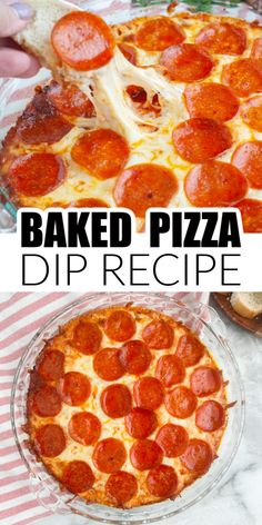 two different views of a pepperoni pizza with the words, baked pizza dip recipe