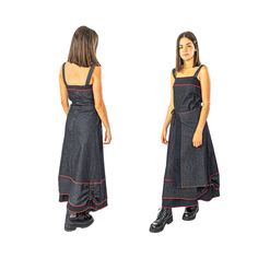 "Super cool vintage late 90s / early 2000s asymmetric denim parachute dress. This gorgeous maxi pinafore dress is made of a poly cotton blend, has adjustable toggle drawstrings on the hem and a back zip fastening. It is a French vintage dress and has a wrap design at the front with cute side tie detail. This beauty has a square neckline bib, a flared a-line wrapover skirt and a contrast exposed seam detail. Relaxed trapeze fit. Brand: Cache Cache Material: 64% Polyester, 34% Cotton, 2% Elastane Size on label: 38 Condition: excellent vintage condition Would fit a modern women's size S-M best, but please check all pictures and measurements before buying to make sure that it will fit you properly. All measurements are taken with the item laying flat and unstretched, unless otherwise stated, a Parachute Dress, Long Denim Dress, Denim Pinafore Dress, Denim Pinafore, Drawstring Dress, Dress Asymmetrical, Dress Wrap, Maxi Robes, Late 90s