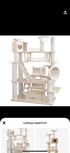 the cat tree is made from wood and has multiple levels