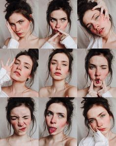 many different pictures of a woman making funny faces and holding her hand up to her face