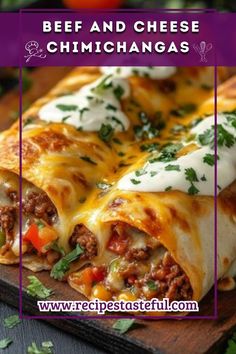 beef and cheese chimichangas on a cutting board with the title overlay