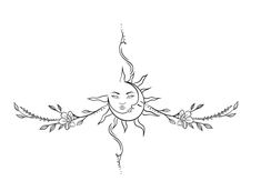 the sun with leaves and flowers on it's face is drawn in black ink