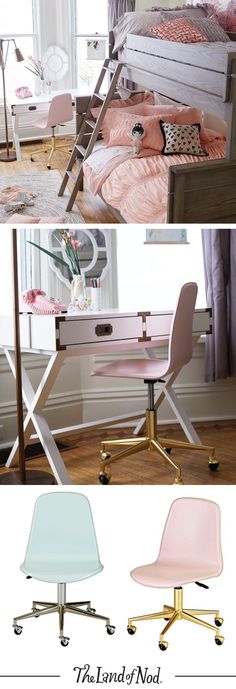 three different views of a bed and desk with the same chair on each side, one is