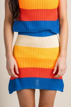 Striped knit skirt orange/blue | Lush Fashion Lounge: boutique fashion skirts, affordable boutique skirts, cute affordable skirts Spring Knit Mini Skirt, Knit Mini Skirt For Spring, Summer Fitted Knit Skirt, Knit Mini Skirt For Summer, Fitted Knit Skirt For Summer, Summer Stretch Knit Skirt, Stretch Knit Skirt For Summer, Spring Knit Midi Skirt, Knit Midi Skirt With Lining