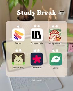 an image of the study break app on a macbook pro with icons and text