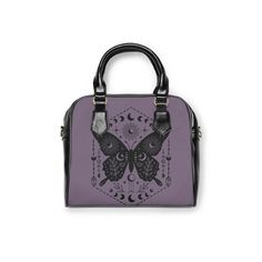 A witchy handbag with a butterfly, moon phases, and stars in vibrant purple and black colors. Perfect for those with a mystical style, this handbag adds a touch of magic to any outfit. Ideal for anyone who loves witchy aesthetics and wants to carry their essentials in style. Relevant for Halloween, witchy or celestial-themed events. Product features - Vibrant colors with crisp printing - 100% PU leather - Adjustable, removable shoulder strap - Multiple interior pockets for organization - Double- Witchy Handbag, Mystical Style, Witchy Aesthetics, Butterfly Moon, Gothic Bag, Themed Events, Vibrant Purple, Halloween Accessories, Soft Bristle Brush