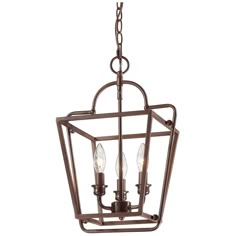 a light fixture with three lights hanging from the bottom and an open cage on top