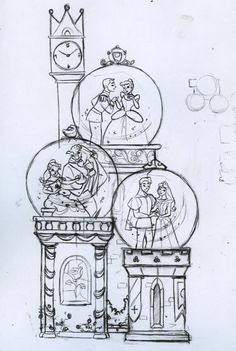 this is a drawing of some kind of clock tower with snow globes on it