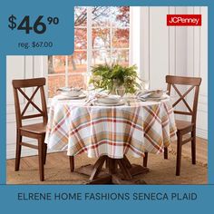 an advertisement for a dining room table with chairs and a plaid tablecloth on it