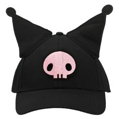 Celebrate your favorite characters with this Kuromi Inspired Hat. The cap comes in black and features embroidered front art of Kuromi's pink skull logo while a pair of 3D ears completes the character design. The hat is made with high-quality cotton materials and comes with a wide brim to give your face protection from the sun. The hat measures 58 cm and will fit most sizes. Fans of the Kuromi character will love this comfy cap. Harajuku Hats For Halloween Cosplay, Harajuku Style Hat For Halloween Cosplay, Harajuku Style Halloween Cosplay Hat, Black Harajuku Style Halloween Costume Hats, Harajuku Style Black Costume Hat For Halloween, Black Harajuku Style Costume Hat For Halloween, Black Cosplay Hat, One Size Fits Most, Black Cosplay Hat One Size Fits Most, Black Cat Ears Costume Hat For Cosplay