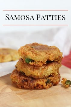 three fried food patties stacked on top of each other with the words samosa patties above them