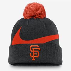 A cold-weather staple, this Peak Beanie helps keep you warm and comfortable with a classic cuffed design and soft, stretchy acrylic yarns. Its embroidered San Francisco Giants details are paired with a pom and solid-color look for versatility. Nike Winter Beanie Hat, Black Sports Beanie For Winter, Casual Winter Beanie For Fan Gear, Black Winter Hat For Fan Gear, San Francisco Giants Logo, Giants Logo, Mens Cuff, Nike Swoosh, Pom Beanie