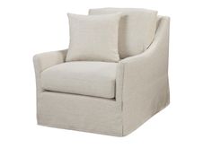 a white chair with two pillows on the back and one arm in front of it