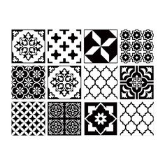 nine black and white tiles with different designs on them, all arranged in the same pattern