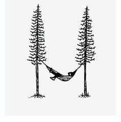 a drawing of a hammock between two tall pine trees with one bird sitting on it