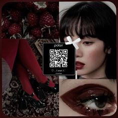 a collage of photos with red and black eyeliners, lipstick, and qr code