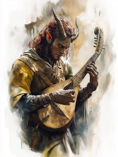 a painting of a man with horns playing a guitar