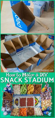 how to make a diy snack stadium with cardboard boxes and snacks in the box