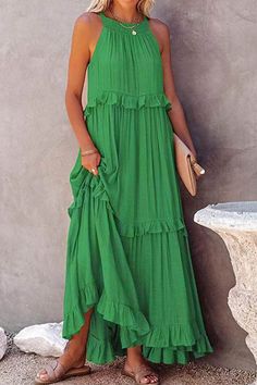 Halter Sleeve Pleated Tiered Maxi Dress – AROLORA Flowy Beach Dress, Sukienki Maksi, Ruffle Long Dress, Tie Up Dress, Holiday Dresses Women, Flowing Fabric, Dresses Green, Dress Cake, Sleeveless Long Dress