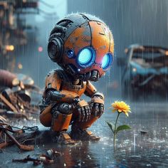 an orange robot sitting on the ground next to a yellow flower in the rain with blue eyes