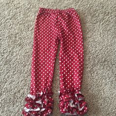 Dark Red With White Dots Ruffle Pants. Soft Butter Fabric Playful Stretch Ruffle Bottoms, Playful Stretch Bottoms With Ruffles, Playful Fitted Winter Bottoms, Cute Red Ruffled Bottoms, Playful Red Bottoms For Spring, Cute Red Stretch Bottoms, Cute Stretch Red Bottoms, Cute Fitted Red Bottoms, Ruffle Pants