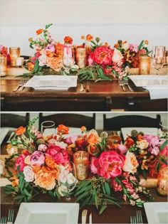 the table is set with flowers and candles for an elegant dinner or wedding reception in bright colors