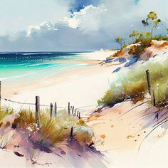 watercolor painting of beach scene with fence and ocean