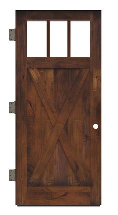 a wooden door with metal hardware on the bottom and side panels, which are made out of