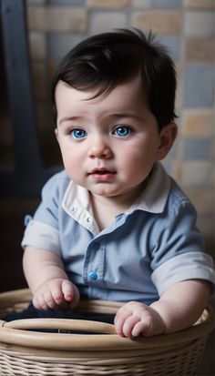 a baby sitting in a basket looking at the camera