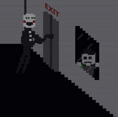 a pixel art scene with a skeleton holding a flag and another character in the background