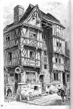 an old building with people and horses in front of it, vintage line drawing or engraving