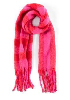 L 73" × W 16"Fringe 6" Red Plaid Scarf, Red Fringe, Red Scarves, Pink And Red, Fringe Trim, Long Scarf, Pink Plaid, Red Plaid, Plaid Pattern