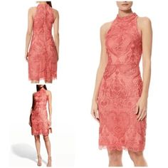 Coral Lace Dress From Theia In Size 5. No Flaws. Lace Halter Cocktail Dress With Lace Trim. Center Back Zipper Knee-Length Guipure Lace 100% Polyester Lined Gorgeous. Theia Dresses, Halter Cocktail Dress, Coral Lace, Orange Cream, Size 6 Dress, Coral Pink, Pink Heart, Lace Trim, Knee Length