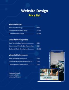 the website design price list is displayed on a blue background with an image of a person working