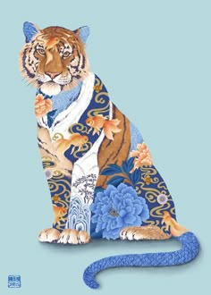 a painting of a tiger sitting on top of a blue ground next to a snake