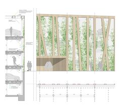 an architectural drawing shows the interior and exterior of a building with trees growing on it