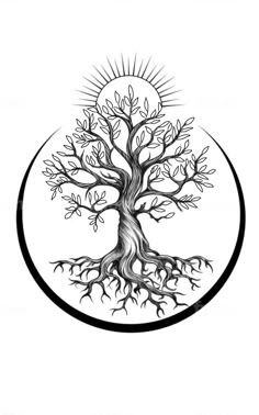 a drawing of a tree in a circle with the sun above it and roots below