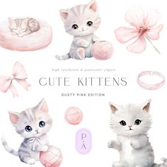 the cute kittens are painted in watercolor and have pink bows on their heads