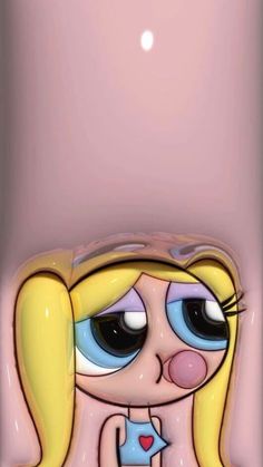 a cartoon character with big eyes and blonde hair holding a cell phone in her hand