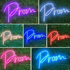 four different types of neon signs that say prom, prom prom and prom proms